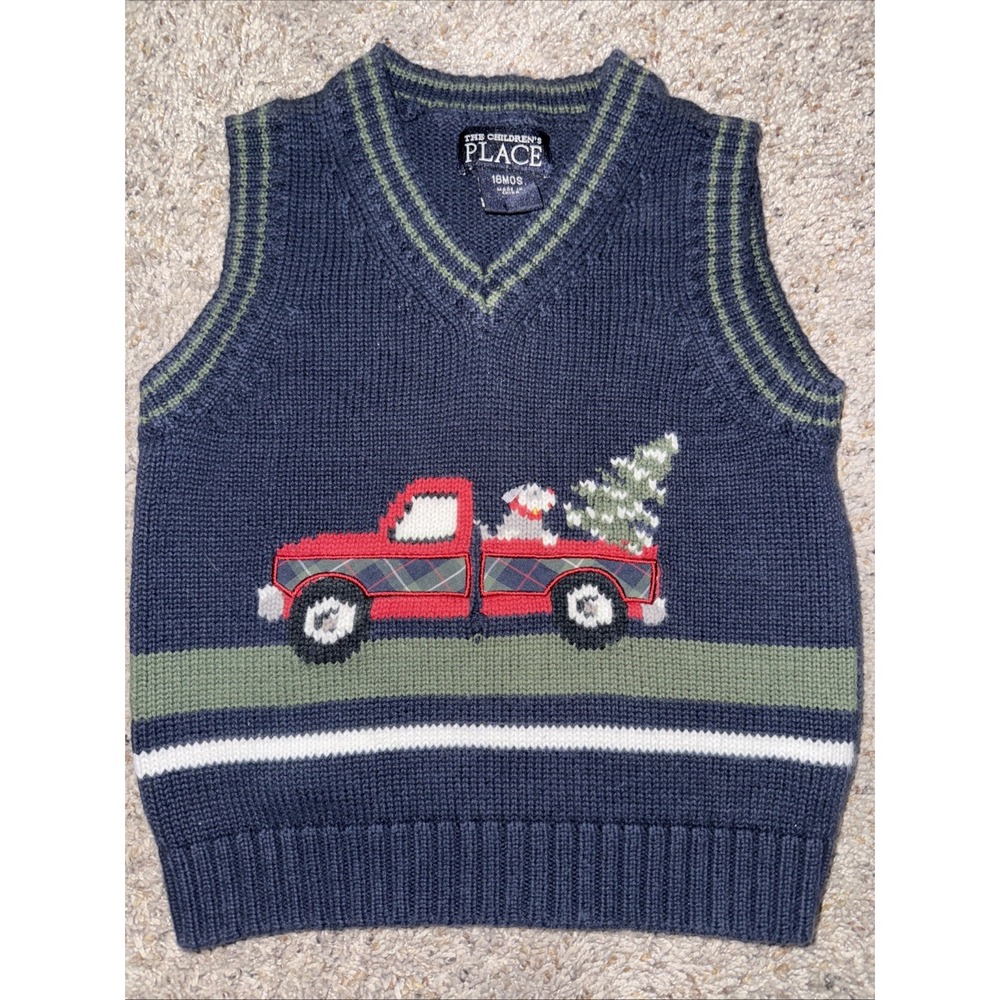Vintage The Children's Place Sweater Vest Christmas‎ Puppy/Truck Navy 18 Months